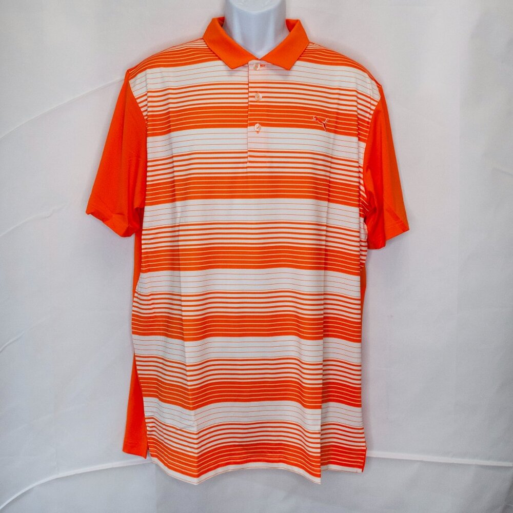 NEW Puma Striped Polo Mens Large L Orange White Striped Golf Casual Travel PP24X